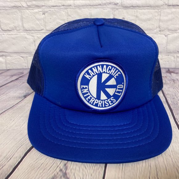 Vintage Trucker Hat Mesh Cap Snapback Blue KANNACHIE Enterprises Patch Logo 80s - Picture 5 of 8